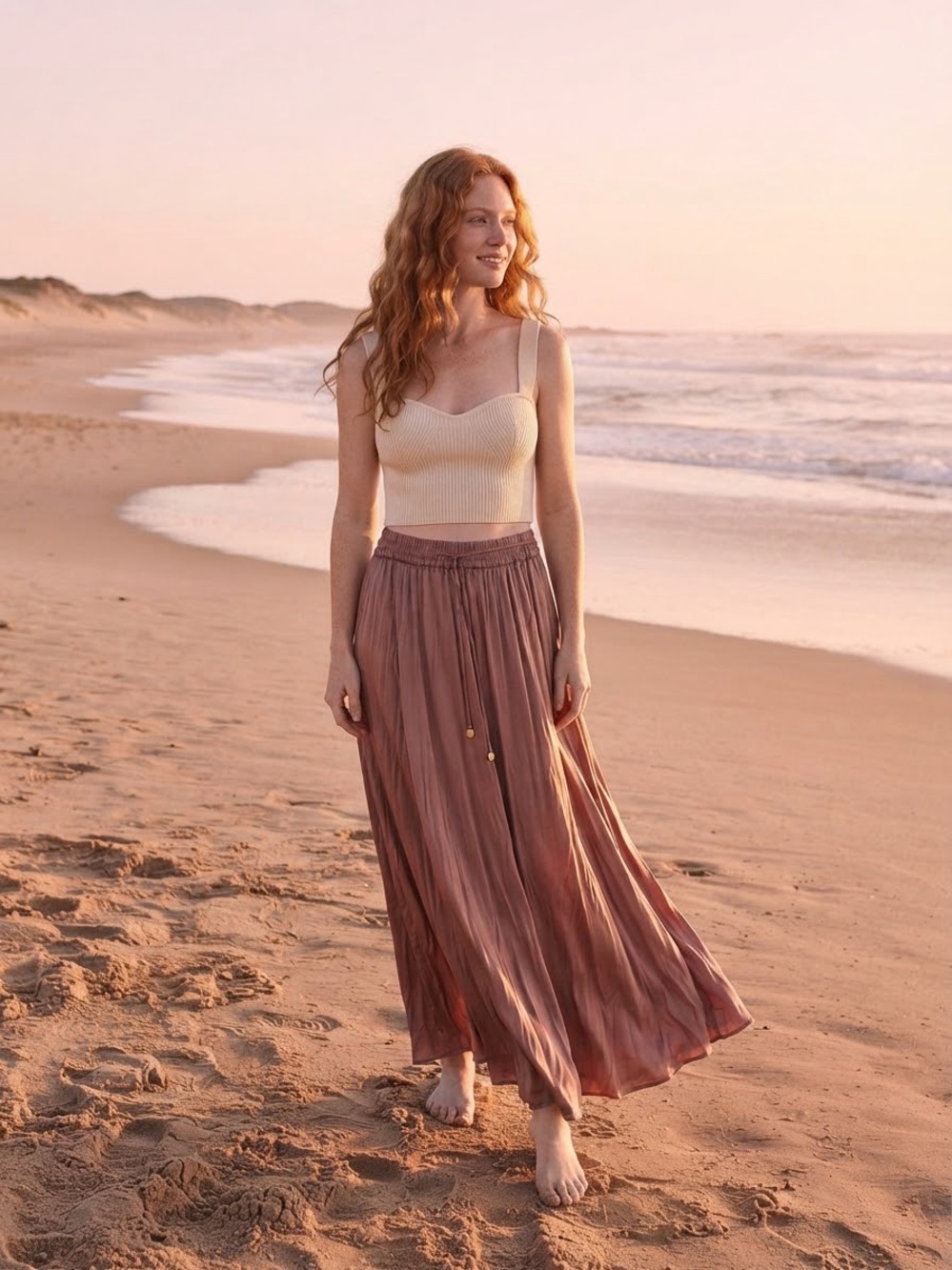 ZARA Dusty Mauve Satin Wrinkled Effect Midi Maxi Skirt with Drawstring Tie